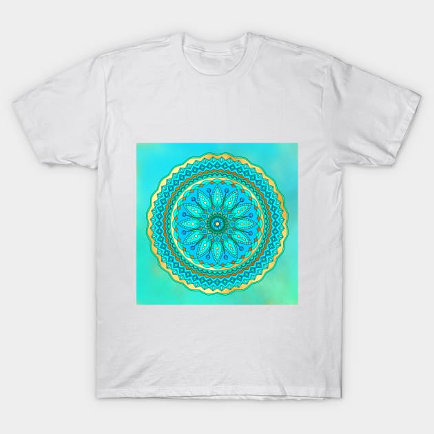 Flower mandala blue gold on watercolor background T-Shirt by Crea Twinkles